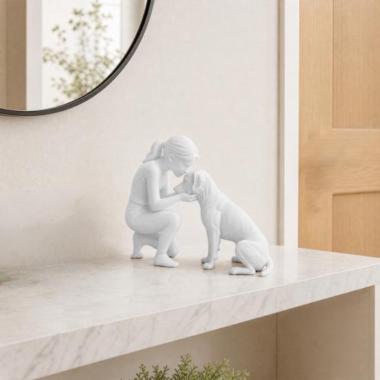 3D Printed Women Dog Figurine, Girls Pet Friendship Decorative Statue Sculpture for Living Room Home Office Shelf, Gift for Dog Lovers