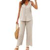 2 Pcs/Set Women Vest Pants Set Sleeveless V Neck Button Decor Wide Leg Straight Loose Solid Color Lady Top Trousers