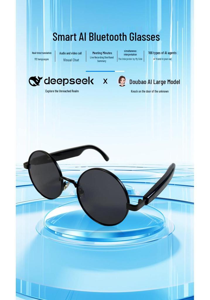 AI Smart Glasses with Bluetooth Calling & Music, Retro Oval Frame Sunglasses, Black Technology