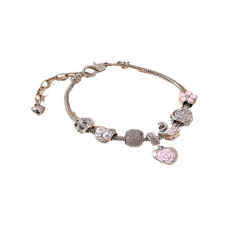 Handgefertigtes Perlen-Herz-Blütenblatt-Armband Emaille-Legierung Schwanen-Anhänger Blumenschmuck Geschenk für Sie