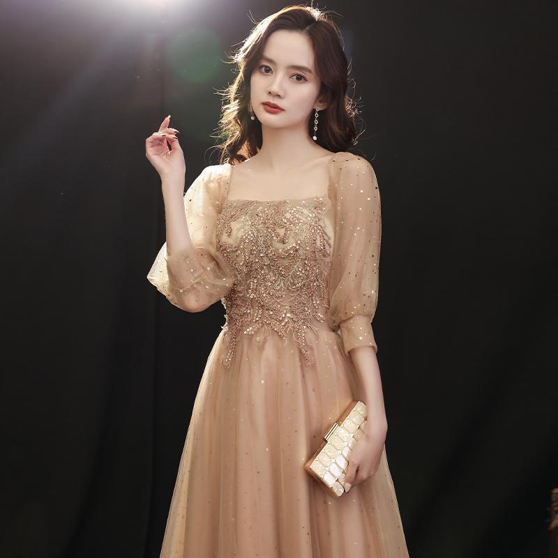 Champagne Banquet Evening Dress 1011 New Summer Temperament Dignified Long-sleeved Dress Host Performance Dress