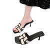 Large size outer wear square head high-heeled slippers women's summer new plaid thin heel one-word cool slippers wish