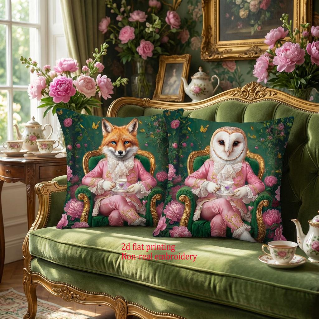 1/4pcs Vintage Royal Animal Gentleman Fox Owl Squirrel Decorative Throw Pillow Covers Floral Garden Tea Party Cushion Cases