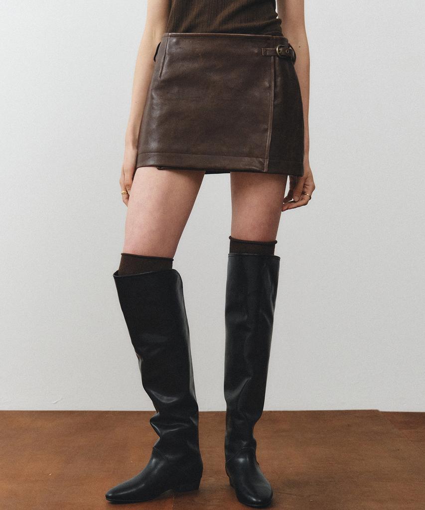 Noir For Woman Antique Cow Leather Layered Wrap Skirt (Brown)