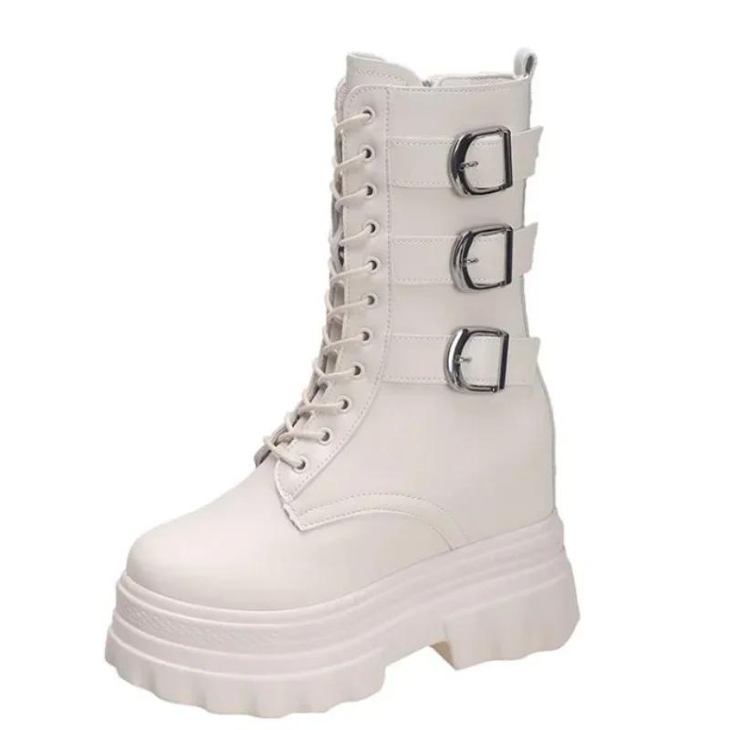 Fashion Ankle Boots for Women Short Boot Round Toe High Platform Motorcycle Boots Thick Heel Sneakers Shoe Increase 12CM Boots Shoes