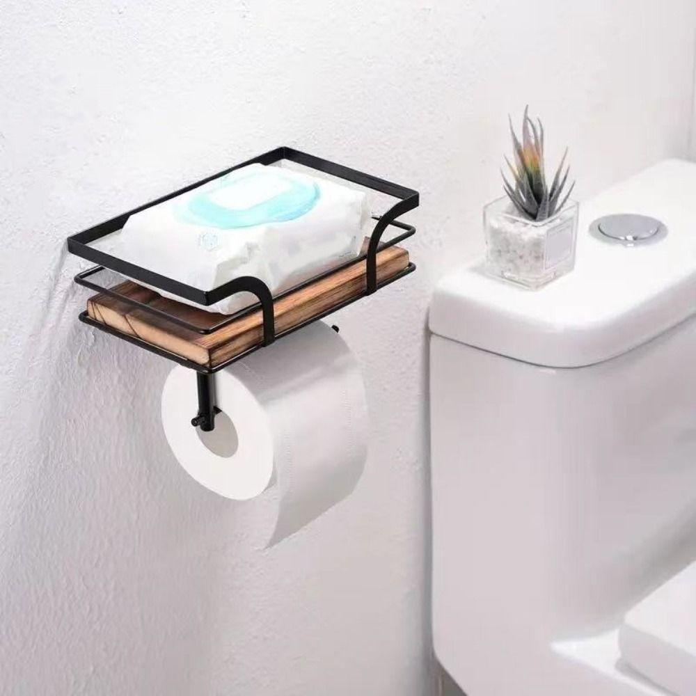 Wall Mounted Paper Towel Holder Wooden Paper Phone Holder Paper Storage Shelf  for Bathroom