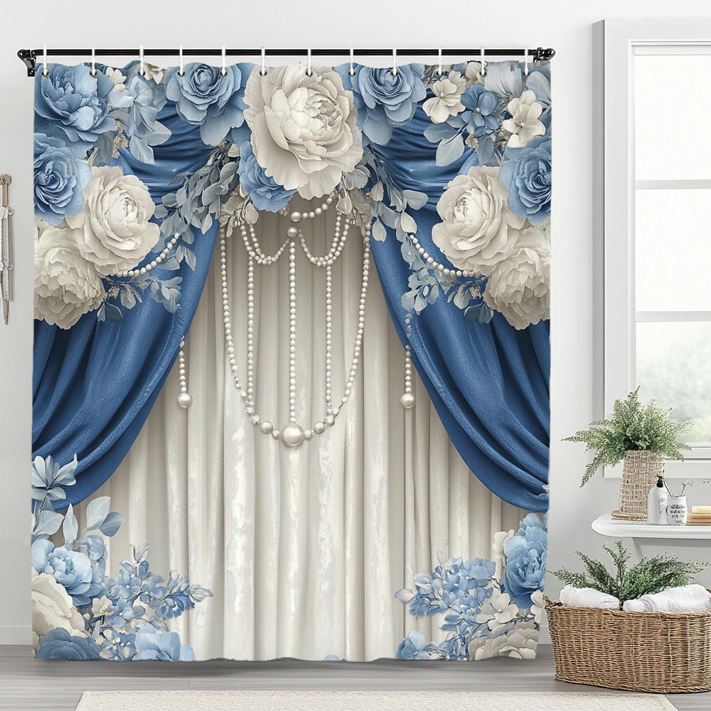 

Nordic Imitation Style Gorgeous Blue Palace Shower Curtain, Bathroom Decorative Shower Curtain, Home Curtain With Hooks W60H190(CM)-1 Pcs