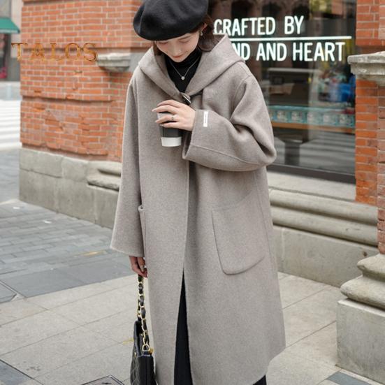 Women Winter Overcoat Hooded Pockets Pure Color Open Stitch Cardigan Mid Length Coat Thermal Long Sleeves Commuting Dating Winter Coat