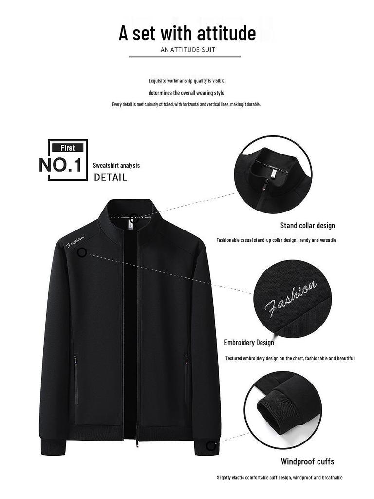 Men's Cotton Tracksuit: Spring/Autumn Stand Collar Sweatshirt & Cardigan, Casual Loose Fit, Middle-aged & Elderly Two-Piece Set