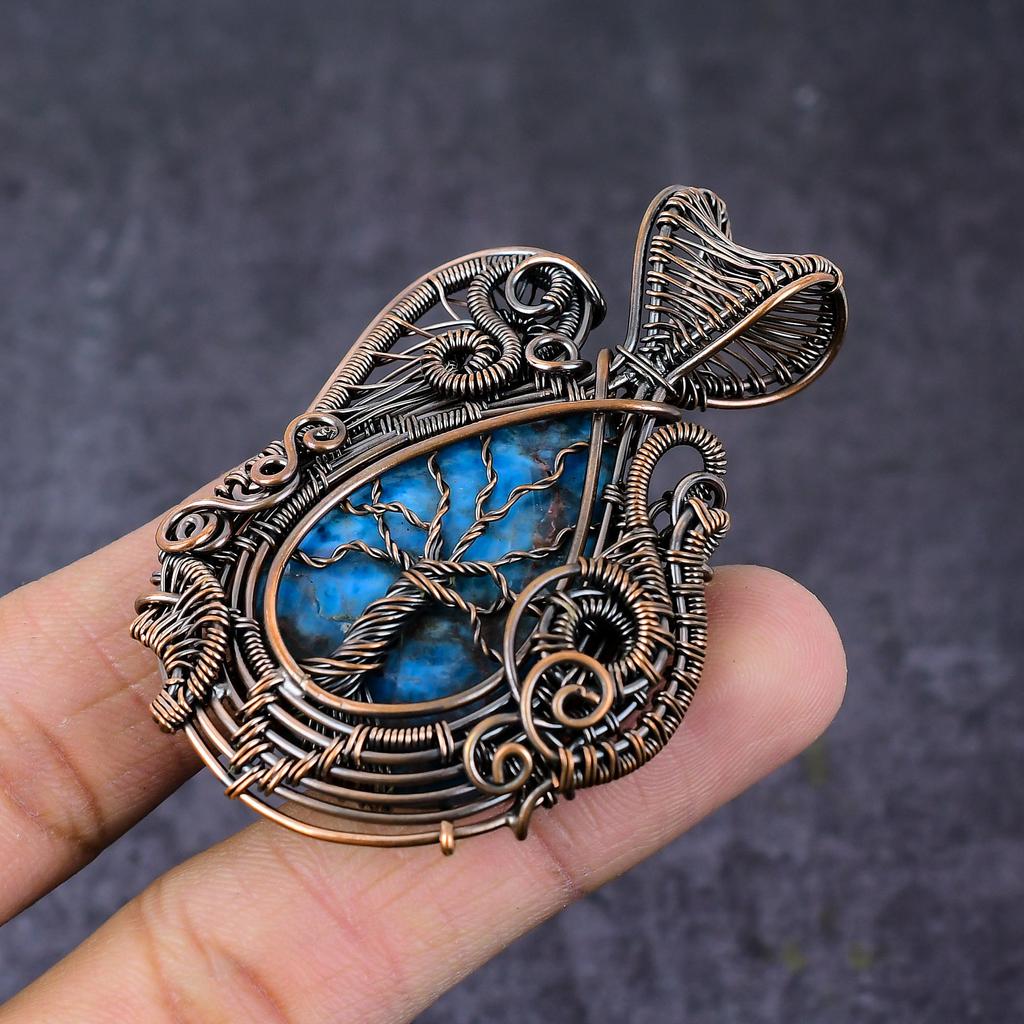 Neon Blue Apatite Handmade Copper Wire Wrap Tree Of Life Pendant 2.64" K3w48