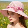 Dames Zomer Stro Zonnehoed met Bloemenlint Strik Elegante Uitgesneden Strand Bucket Hoed Brede Rand Ademend Vakantie Hoed
