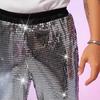 Men's Sequin Flared Trousers Shiny Hip-Hop Disco Pants Elastic Waist Retro Wide Leg Pants for Stage Performance Night Club Bar Dance