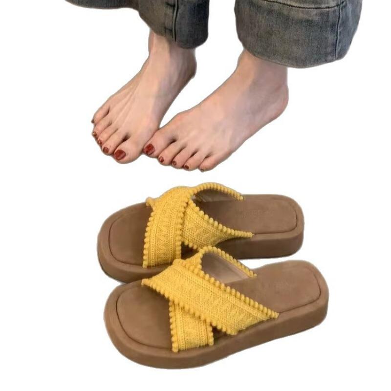 New Summer Outer Wear Thick-soled One-word Slippers Women's Skirt Muffin Beach Cool Slippers