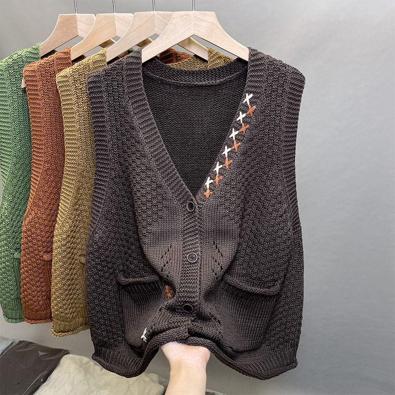 Women's Autumn V-Neck Knitted Vest Sleeveless Cardigan for Outer Wear Sleeveless Sweater Cardigan Gilet Coat