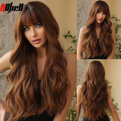 Pelucas sintéticas largas y onduladas de color marrón con degradado, cabello natural, pelucas onduladas para mujer con flequillo, resistentes al calor, para uso diario, para mujeres negras