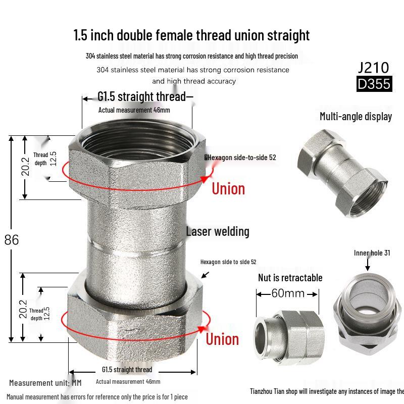 304 Stainless Steel Swivel Union Female Thread Pipe Fitting, Double Female Thread, 6 Points, 4 Points, 1 Inch, for Water Meter/Pump