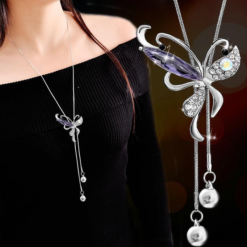 2024 New Fashion Opal Crystal Butterfly Wings Long Necklaces  Pendants For Women Simple Trendy Jewelry Sweater Chain