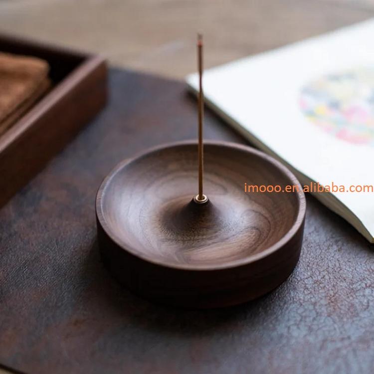 Factory Price Incense Burner Base Solid Wood Incense Stick Handmade Tea Ceremony Round Incense Burner Agarwood Tray Holder (as the picture,incense not included)