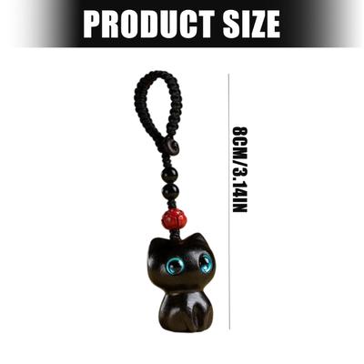 Ebony Wood Lucky Cat Keychain Handcrafted Natural Wooden Hanging Ornament Decoration for Keys Bags Backpacks
