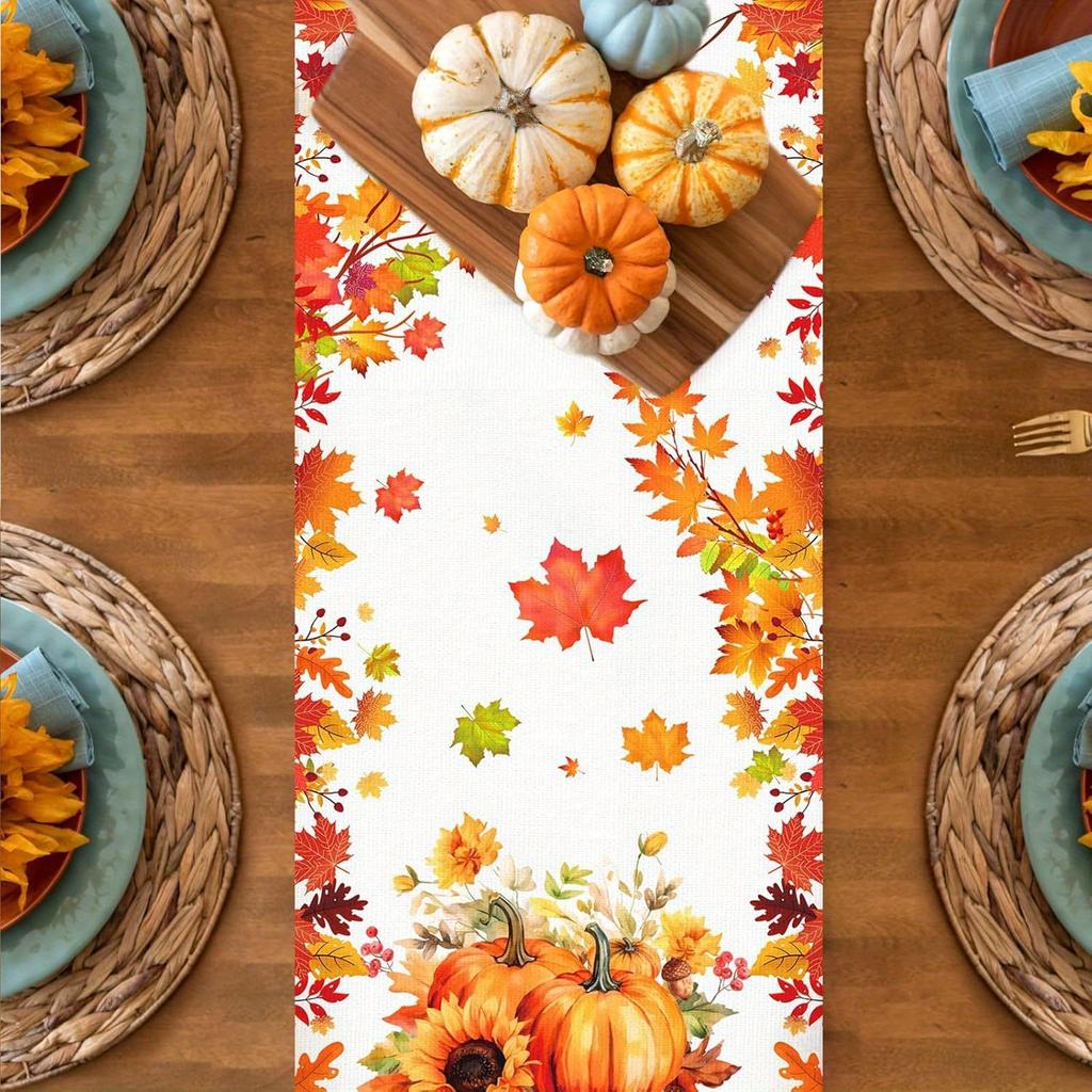 Fall Pumpkin Maple Leaf Linen Table Runner Placemat Thanksgiving Decor Autumn Sunflowers Kitchen Dining Table Runners Home Decor