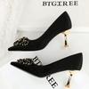 Fashion New Beaded metal flower Women Pumps Luxury banquet shoes Women 7 cm heels Stiletto Suede kitten high heels Female party shoes