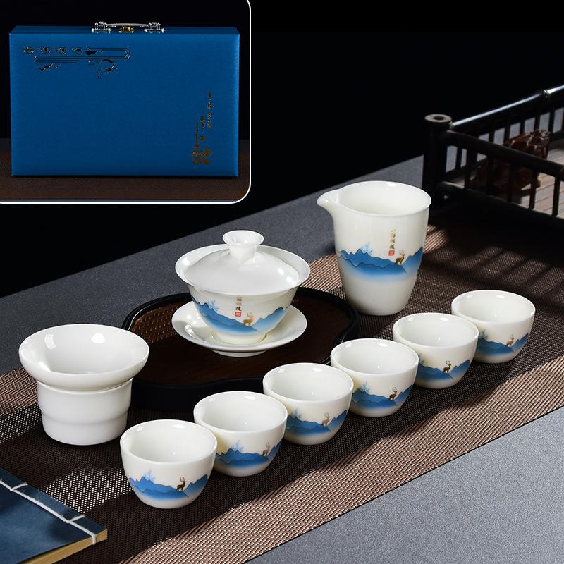 White porcelain tea set business gift cover bowl tea set gift box set suet jade porcelain high-end kung fu tea set