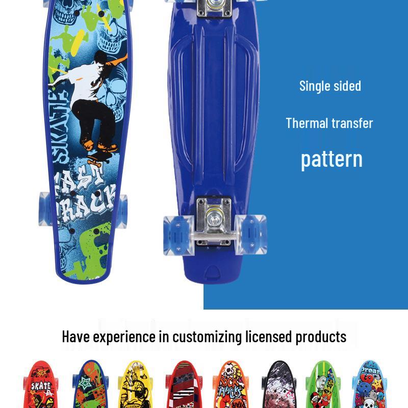 22" Beginner Adult Skateboard with Plastic Deck, Single Kick, and Water Transfer Design for Street Cruising.