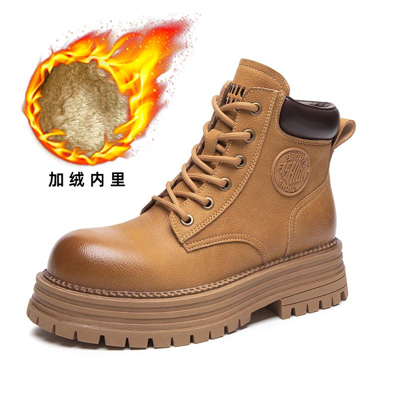 Autumn and Winter New Short Boots Thick-soled Versatile Leather Velvet Rhubarb Boots Martin Boots Women's Tooling Boots