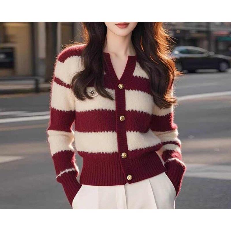 Burgundy striped knitted cardigan sweater women's autumn and winter new coat soft waxy knitted top