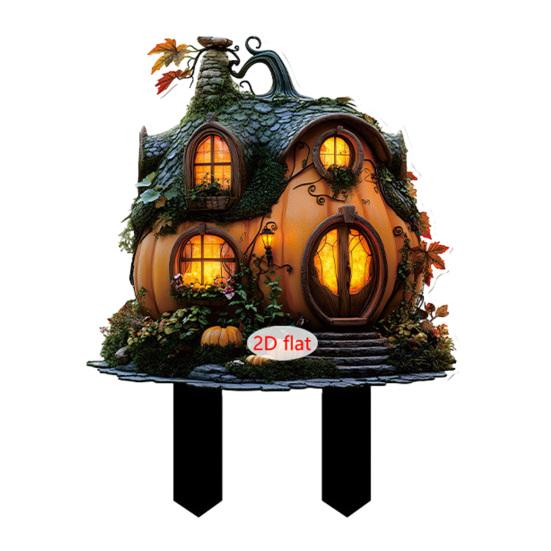 Halloween Fairy Garden Stake, 2D Acrylic Pumpkin House Sign Decoration, Holiday Party Fairy Garden Accessories for Outdoor Yard Lawn Pathway