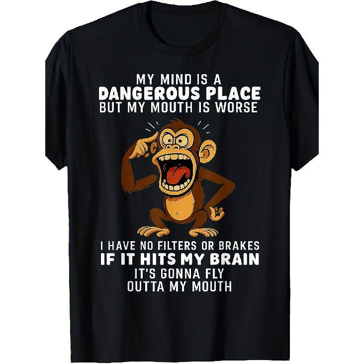 Men S Humorous Monkey Print T-Shirt 180G 100% with The Saying My Mind Is a Dangerous Place Casual Short Sleeve Top for Celebrations Independence Day S чёрный
