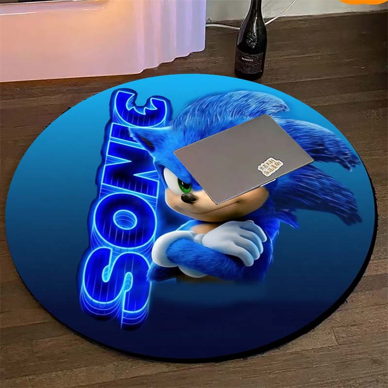Sonic The Hedgehog Neon Sonic Logo Round Area Rug Non Slip Game Cartoon Kids Bedroom Floor Carpet