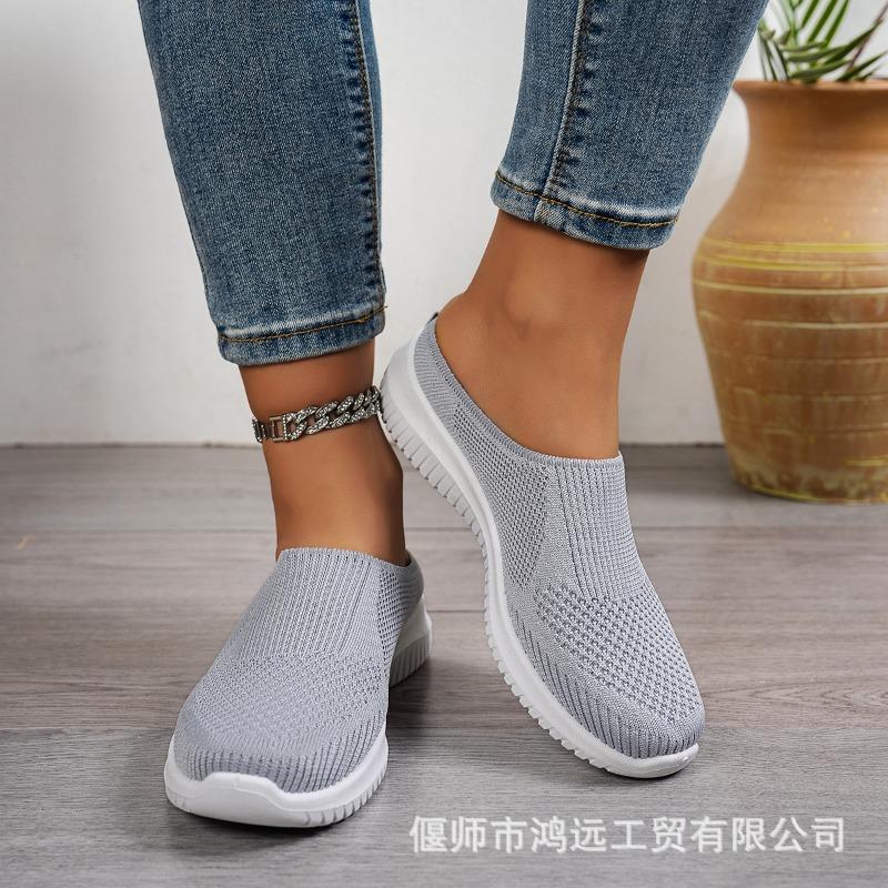 Women's Plus Size Half Slippers, Flying Woven Shallow Mouth Slip On Shoes, Breathable Casual Daily Ladies Flats