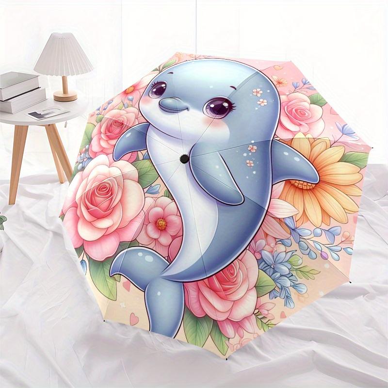 Dolphin,Flowers Automatic Folding Umbrella  Simple 8 Rib Design, Bright Cartoon Pattern, Durable Iron Frame, Suitable For Travel, Outdoor, B