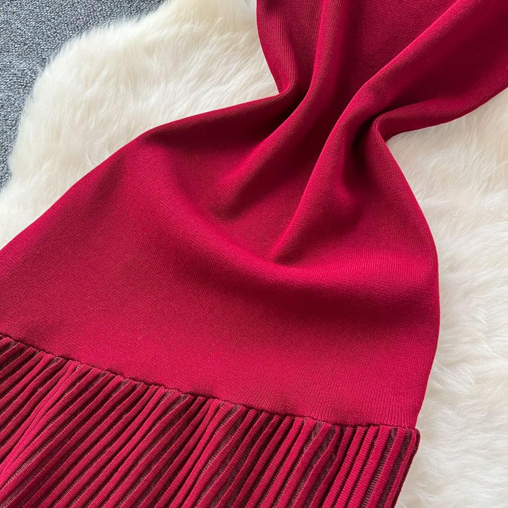 High-end Knitted Splicing Irregular Mesh Dress Women's Summer French Waist and Thin Temperament Sleeveless Long Dress
