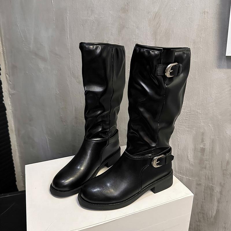 

British style 2025 autumn new belt buckle splicing western cowboy boots round head thick heel sleeve versatile knight boots 40 чёрный