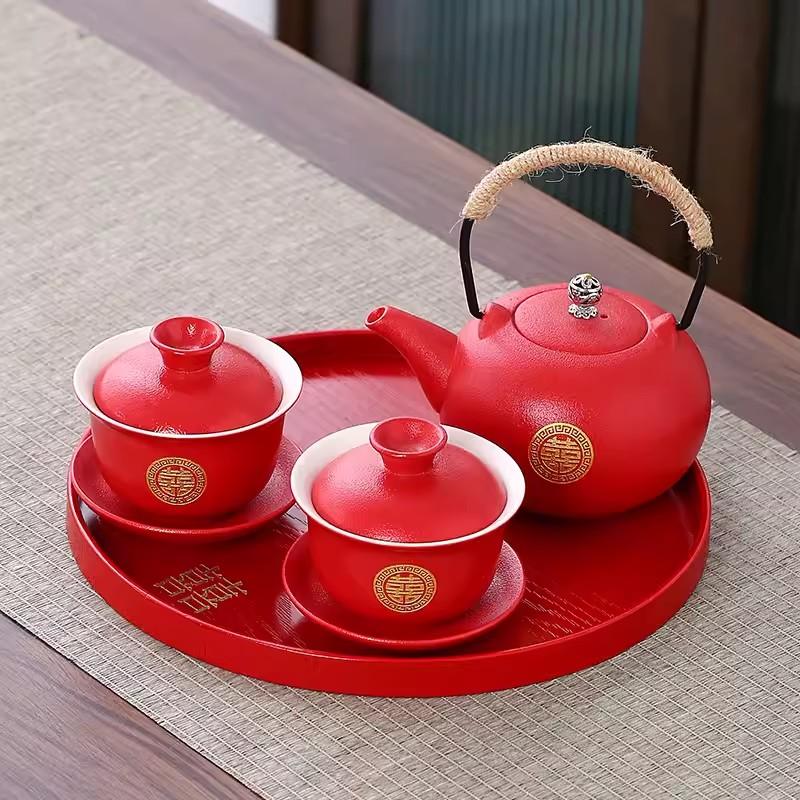 Red Tea Set Cover Bowl Set, One Pot, New Couple's Wedding Change of Mouth, Tea Cup, Chinese Wedding Celebration