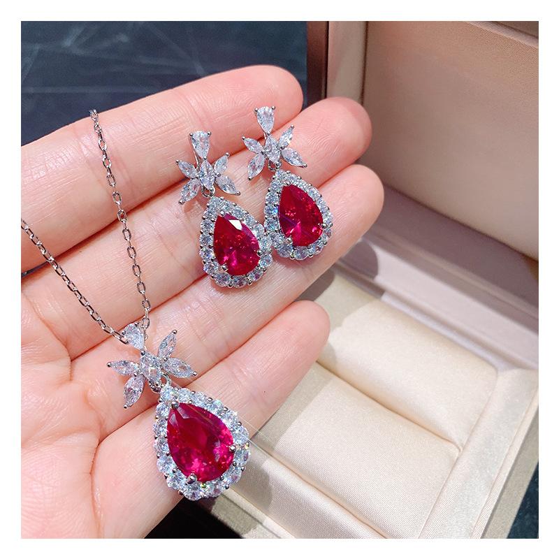 Simulation Red Diamond Jewelry Celebrity Necklace Women's Red Corundum Micro Diamond Earrings Earrings Jewelry