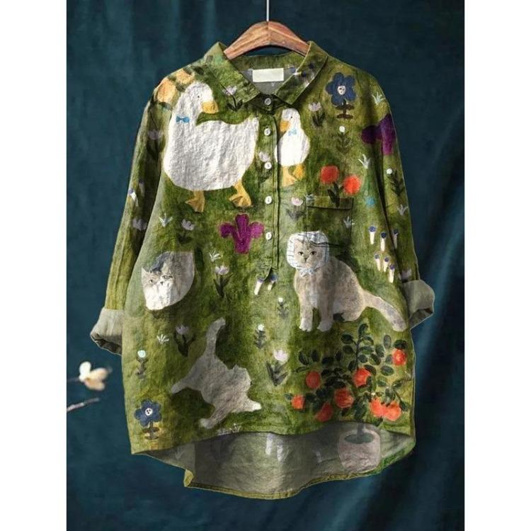 Japanese Kimono Blouse Harajuku Cute Strawberry Cats Print Women's Long Sleeve Shirt Summer Casual V Neck Cozy Loose Top