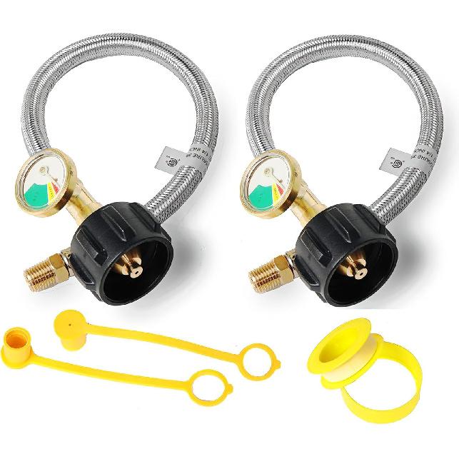 RV Propane Hose Replacement with Gauge 2 Pack Camper Propane Hose for RV Two-Stage Regulator Stainless Steel Braided 1/4" Male NPT and QCC 1