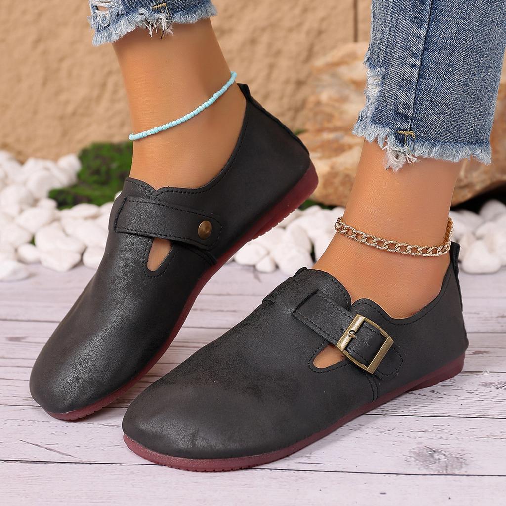 Retro flat-bottomed belt buckle low-top single shoes women's new one-pedal lazy loafers Doudou shoes 2025