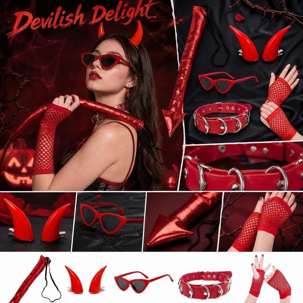 Halloween Devil Costume Set with Accessories - , Glasses , Collar , Gloves , Tail for Adults