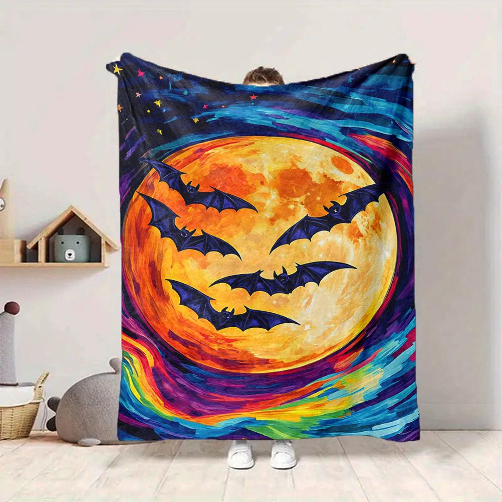 1pc Moon Bats Print Blanket   Lightweight Flannel Throw Blanket For Sofa, Bed, Living Room, Office, Outdoor Travel, Camping
