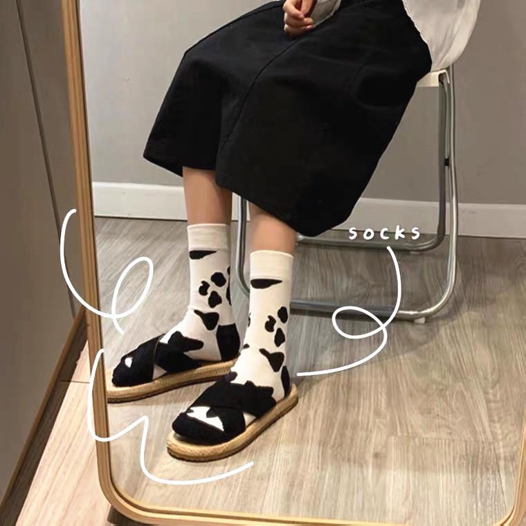 Cute Korean Style Black and White Cow Pattern Women's Mid-Tube Cotton Socks - Harajuku Fashion Trend.
