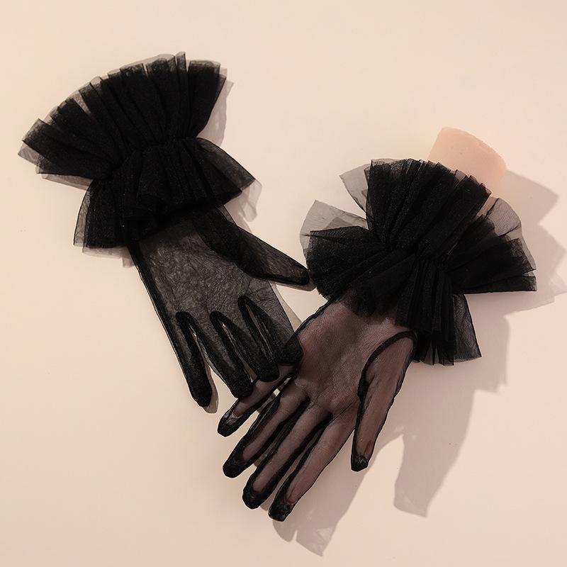 Sexy Black Ruffle Bridal Gloves Puffy Wrist Tulle Transparent Mitten Wedding Costume Accessories Short Tea Party Gloves