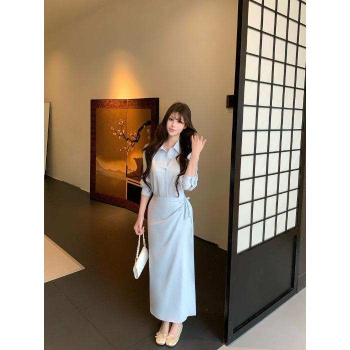 

High-end fake two-piece blue shirt dress women s early autumn niche design showing thin temperament POLO long dress XL