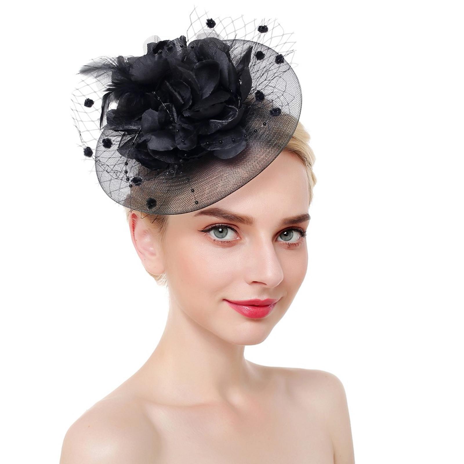 

Женщины цветок сетки ленты перья повязка на голову коктейль чаепитие шляпа головные уборы One Size