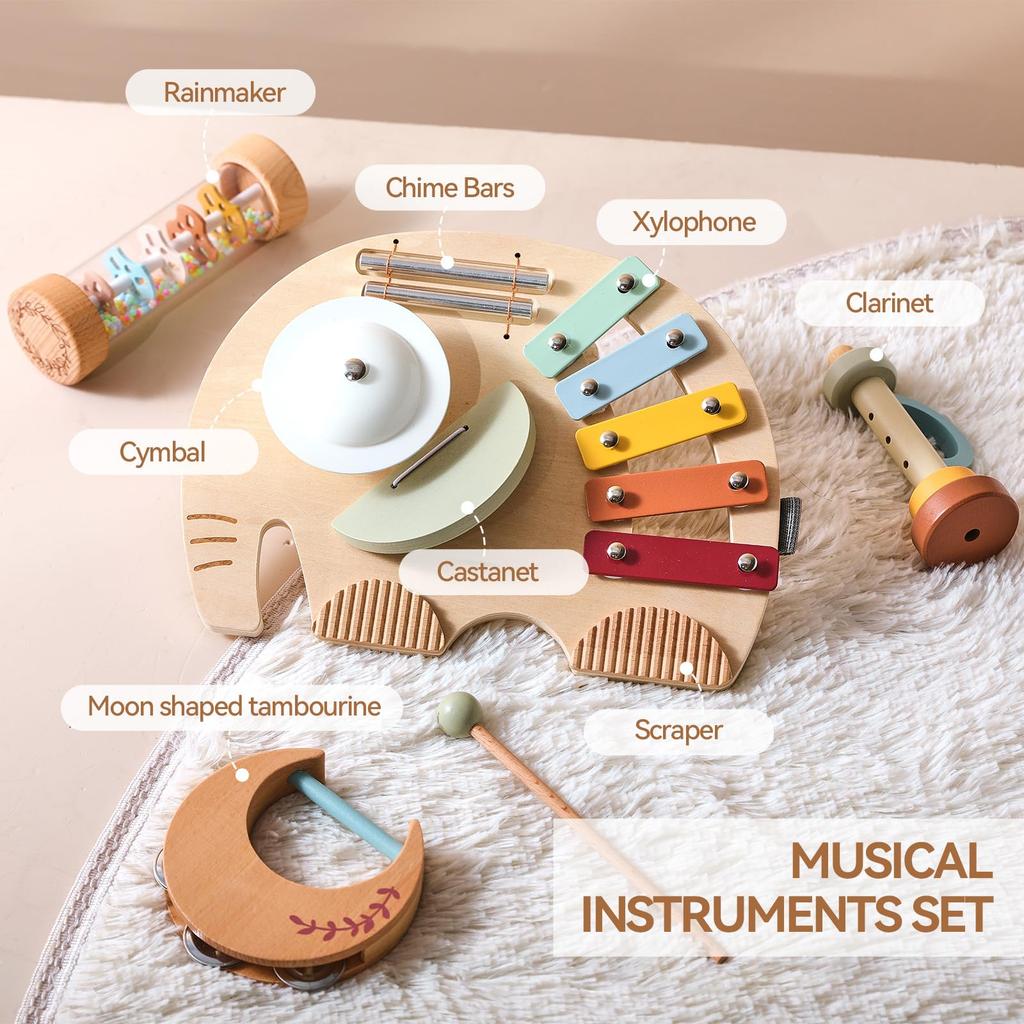 Promise Babe Musical Instrument Montessori Percussion for Pretend Educational Fingertip Ages Baby Shower 4-Piece Set, Rainmaker, Glockenspiel, Chimes,