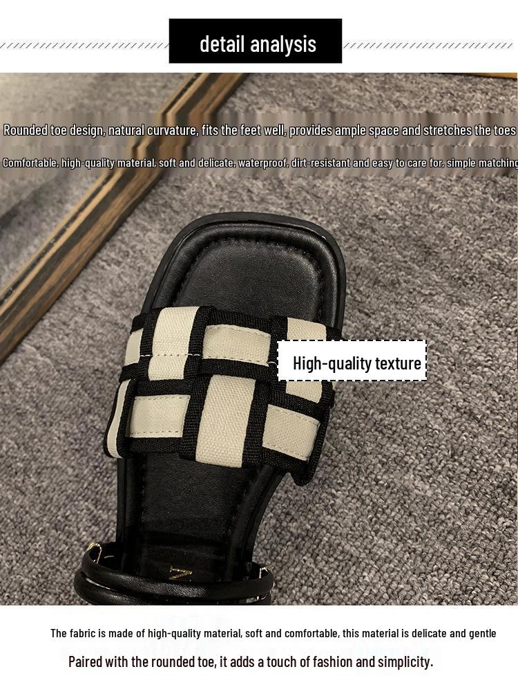 Women's 2024 Summer Square Toe Canvas Plaid Flat Sole Roman Sandals