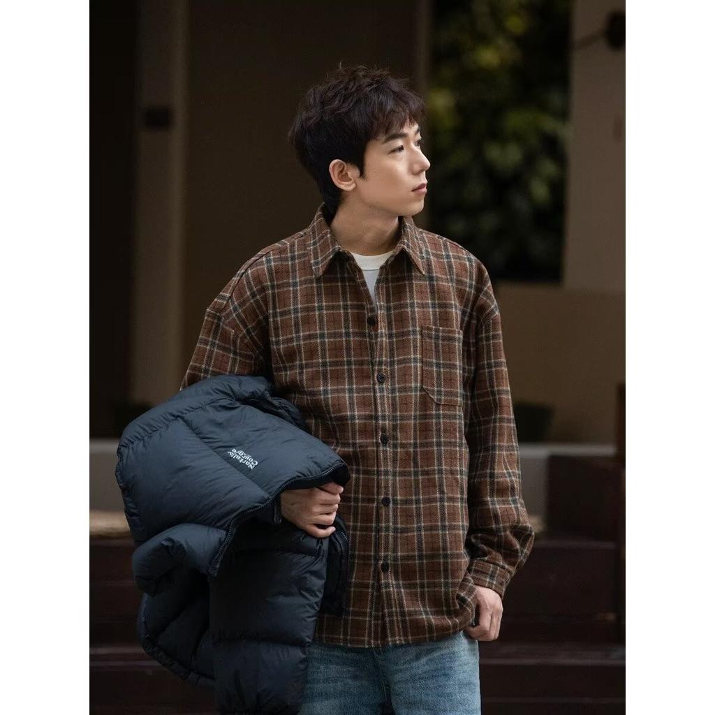 American Casual Brown Plaid Shirt Coat Boys and Girls College Style Blouse Simple Loose Retro Long Sleeve Top